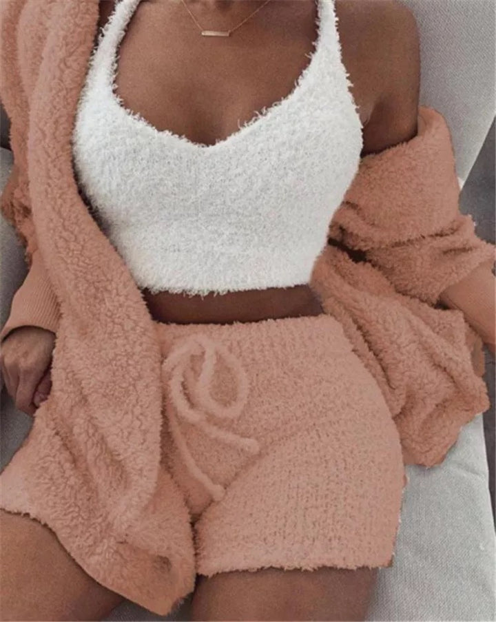 Herbst Und Winter Neue Plüsch Casual Hause Service Drei-Stück Lange Ärmeln Weste Shorts Pyjamas Set