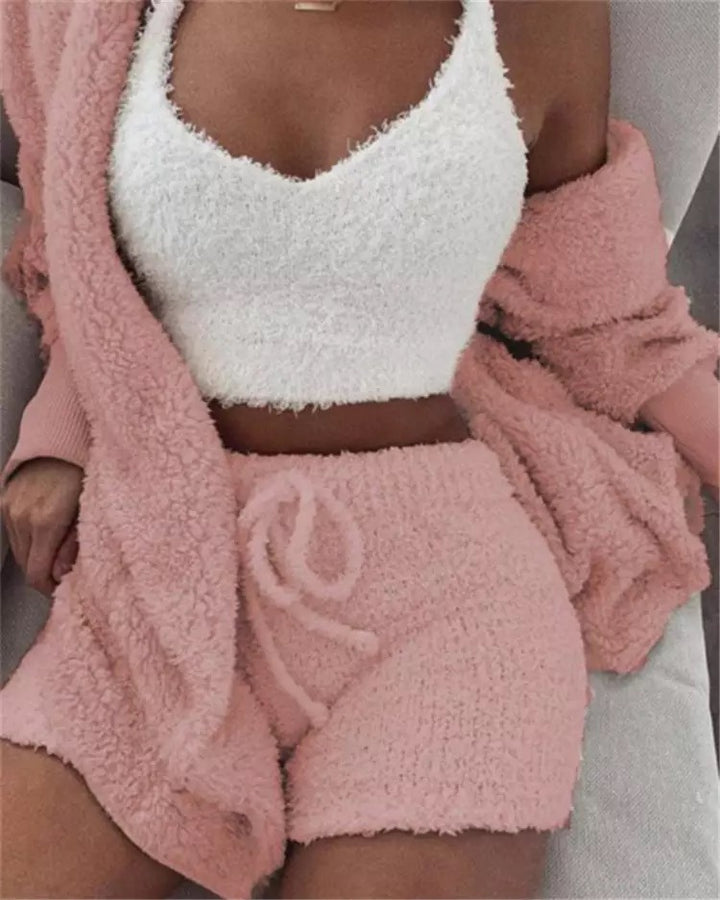 Herbst Und Winter Neue Plüsch Casual Hause Service Drei-Stück Lange Ärmeln Weste Shorts Pyjamas Set