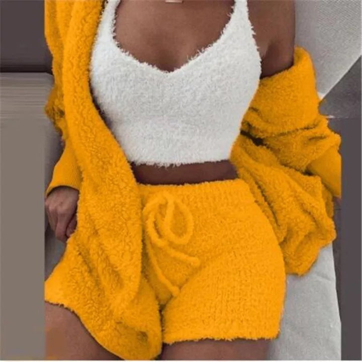 Herbst Und Winter Neue Plüsch Casual Hause Service Drei-Stück Lange Ärmeln Weste Shorts Pyjamas Set