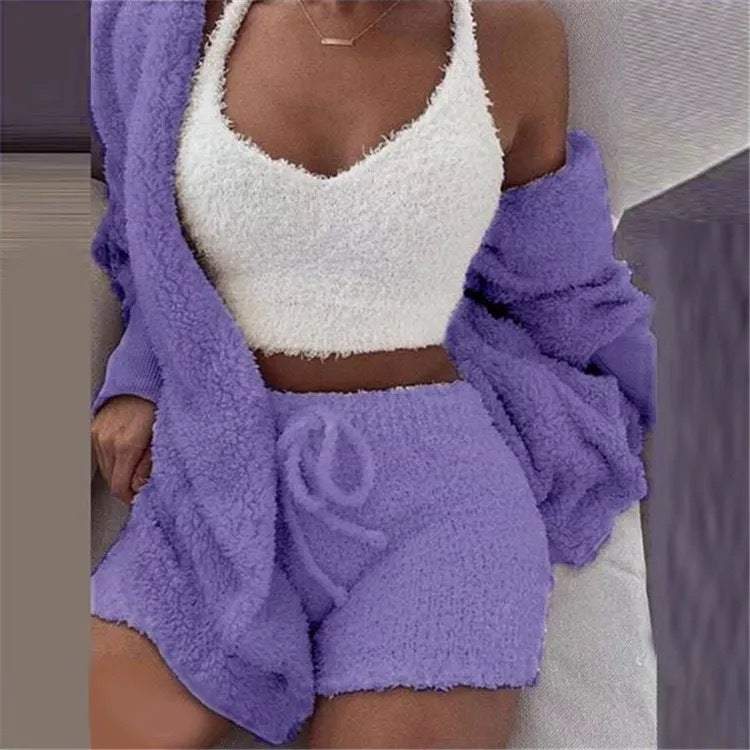 Herbst Und Winter Neue Plüsch Casual Hause Service Drei-Stück Lange Ärmeln Weste Shorts Pyjamas Set