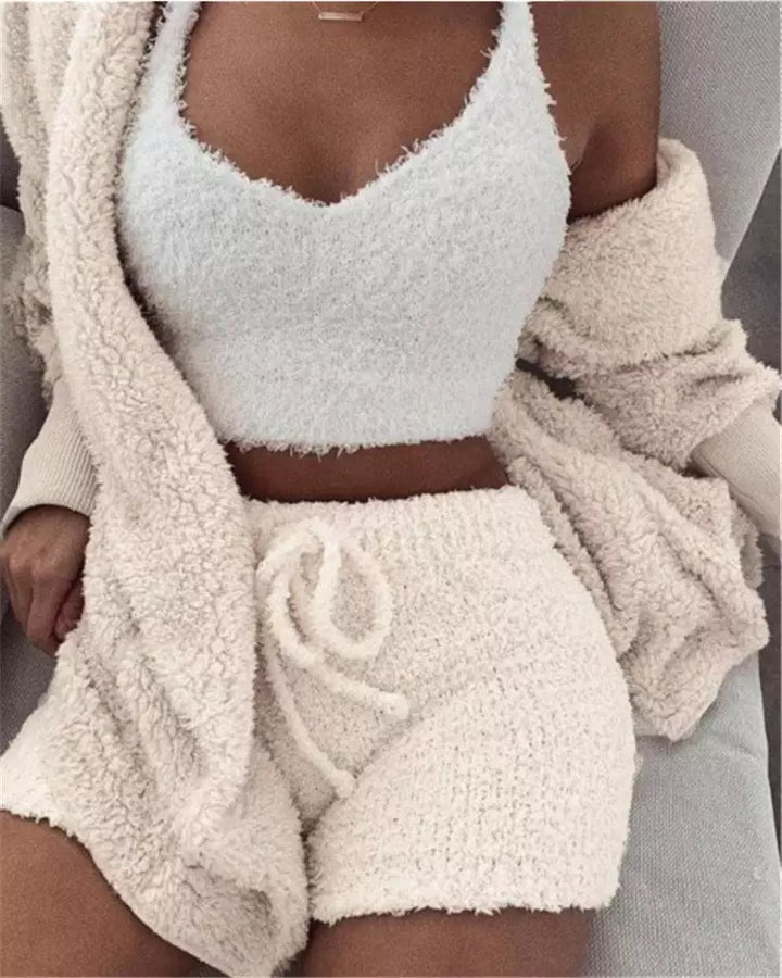 Herbst Und Winter Neue Plüsch Casual Hause Service Drei-Stück Lange Ärmeln Weste Shorts Pyjamas Set