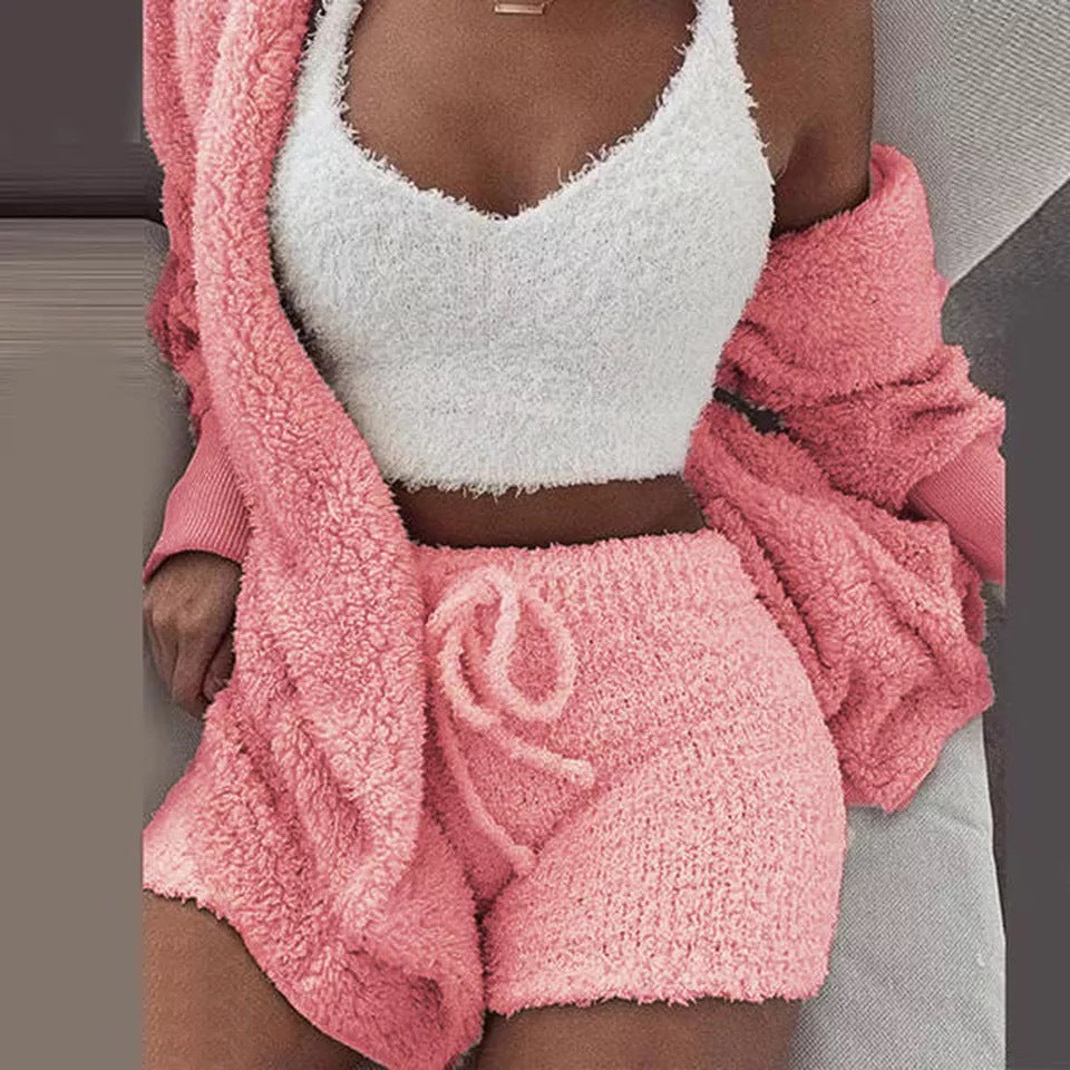 Herbst Und Winter Neue Plüsch Casual Hause Service Drei-Stück Lange Ärmeln Weste Shorts Pyjamas Set