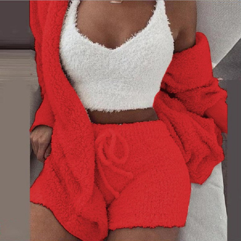Herbst Und Winter Neue Plüsch Casual Hause Service Drei-Stück Lange Ärmeln Weste Shorts Pyjamas Set