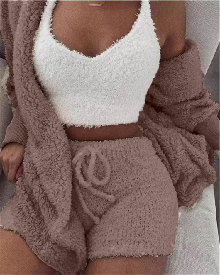 Herbst Und Winter Neue Plüsch Casual Hause Service Drei-Stück Lange Ärmeln Weste Shorts Pyjamas Set