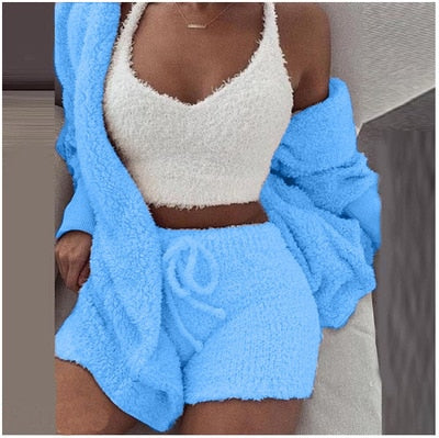 Herbst Und Winter Neue Plüsch Casual Hause Service Drei-Stück Lange Ärmeln Weste Shorts Pyjamas Set