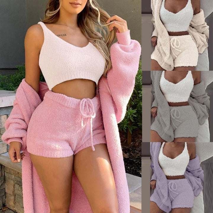 Herbst Und Winter Neue Plüsch Casual Hause Service Drei-Stück Lange Ärmeln Weste Shorts Pyjamas Set