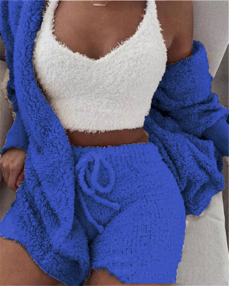 Herbst Und Winter Neue Plüsch Casual Hause Service Drei-Stück Lange Ärmeln Weste Shorts Pyjamas Set